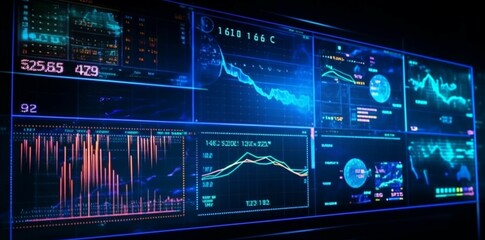 Futuristic data-driven visuals: Perspective view of digital analytics data visualization and financial schedule on a monitor screen. Generative AI