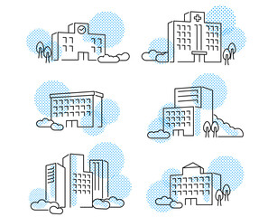 フラットな線画イメージ建物イラストドットパターン 青