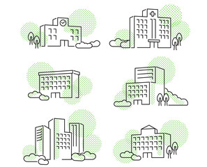 フラットな線画イメージ建物イラストドットパターン 緑