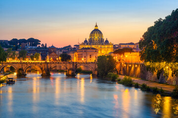 Fototapeta na wymiar Vatican Basilica and Tiber river in sunset light, Rome, Italy