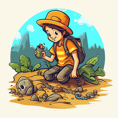 Adventure trips to the countryside. Finding Geocaching treasures on the beach. Cartoon vector illustration. isolated background, sticker