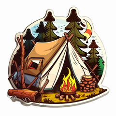 Camping in a tent in the countryside. A family holiday in a tent. Cartoon vector illustration. label, sticker, t-shirt printing