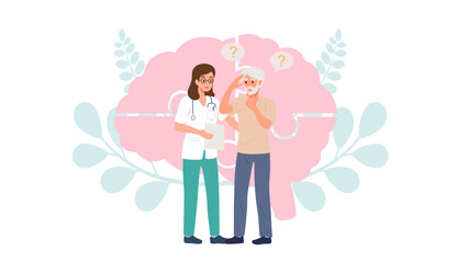 Medical doctor helping older adult patient with brain dementia or Alzheimer's disease. Concept for wellness of mental health and mental illness patient.