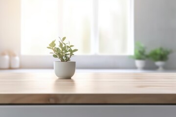 Obraz na płótnie Canvas Empty wooden table and blurred white kitchen on background. Generative Ai