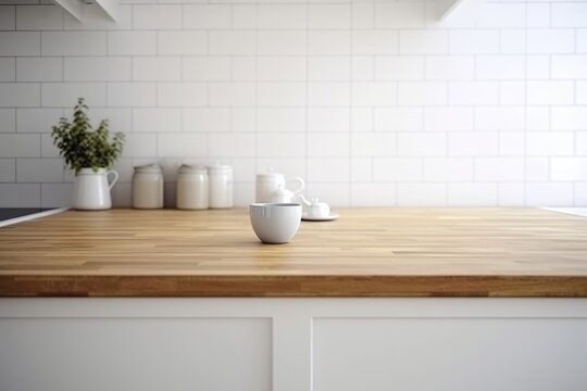 Empty wooden table and blurred white kitchen on background. Generative Ai