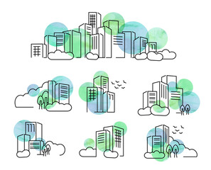 フラットな線画イメージ淡い水彩の都市の景観イラスト	