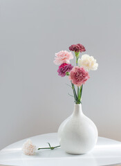 beautiful carnation flowers in ceramic vase on white table