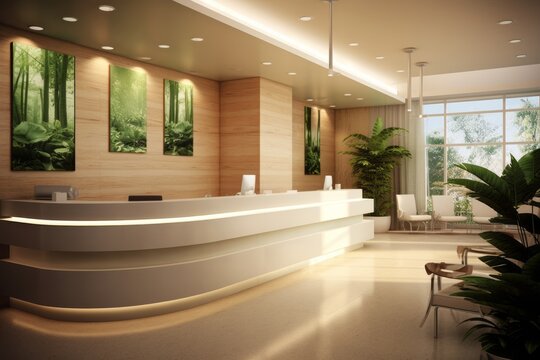 reception area of a wellness center, with aloe vera motifs, natural materials, and a soothing color palette, conveying a sense of healing and rejuvenation to visitors. Generative Ai