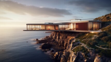 Modern minimalist villa perched on a cliff overlooking the ocean, with floor-to-ceiling windows that capture the panoramic views. Generative AI