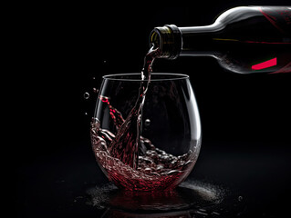 Dramatic Black Bottle with Red Wine Pouring into a Glass
