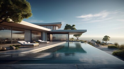 Fototapeta premium Villa with clean lines and minimalistic design, blending seamlessly with the natural beauty of the ocean and surrounding landscape. Generative Ai