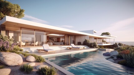Villa with clean lines and minimalistic design, blending seamlessly with the natural beauty of the ocean and surrounding landscape. Generative Ai