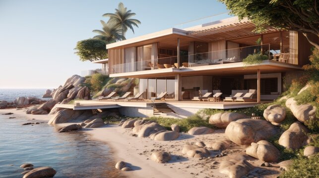 An idyllic image of a luxurious villa nestled on a pristine beach, with private access to the ocean and thoughtfully designed outdoor spaces for relaxation and entertainment. Generative Ai