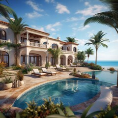 Fototapeta na wymiar An elegant American Spanish-style villa with boasting beautiful terraces, colorful tiles, and a pristine infinity pool. Generative Ai