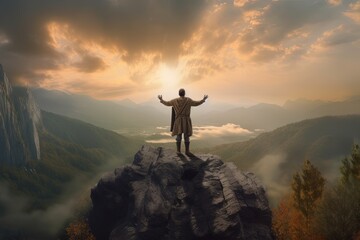 Man standing on top of the mountain and looking into the distance,The man thank God on the mountain.Generative Ai