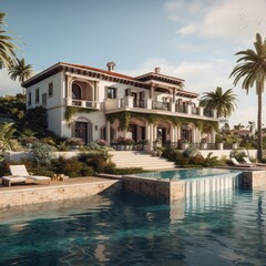 An elegant American Spanish-style villa with boasting beautiful terraces, colorful tiles, and a pristine infinity pool. Generative Ai