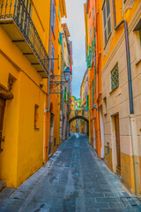 Narrow Street in Old Town in Menton in Provence-Alpes-Côte d'Azur, France..