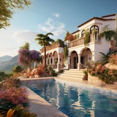 Obraz na płótnie Canvas An elegant American Spanish-style villa with boasting beautiful terraces, colorful tiles, and a pristine infinity pool. Generative Ai