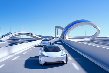 Futuristische Architektur für Fahrbahn in naher Zukunft mit Elektroauto E Fahrzeug Mobilität CO2 neutral, ai generativ - obrazy, fototapety, plakaty