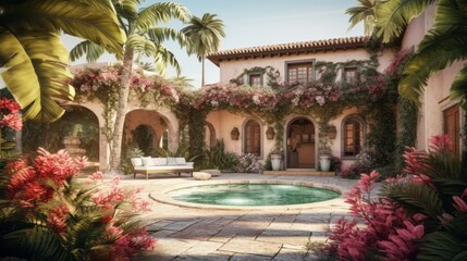 Obraz premium A tranquil image of a spacious Spanish villa surrounded by palm trees and vibrant bougainvillea, with a charming courtyard, tiled fountain. Generative AI