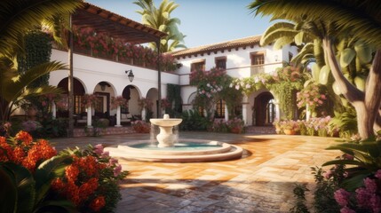 A tranquil image of a spacious Spanish villa surrounded by palm trees and vibrant bougainvillea, with a charming courtyard, tiled fountain. Generative AI - obrazy, fototapety, plakaty