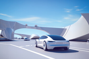Fototapeta na wymiar Futuristische Architektur für Fahrbahn in naher Zukunft mit Elektroauto E Fahrzeug Mobilität CO2 neutral, ai generativ