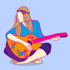 bright hippie girl with a guitar, flower children