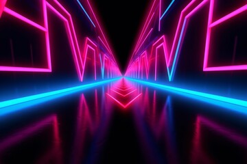 Fototapeta na wymiar 3d render, Abstract panoramic red blue pink neon tunnel background . Generative Ai