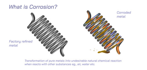 What is corrosion vector illustration with example. Rusting of oxidation of factory refined metals. Corrosion properties of iron. Crevice, galvanic, uniform, pitting corrosion. exposed water oxigen.