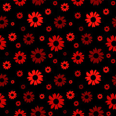 Floral seamless pattern. Botanical fabric print template. Vector illustration with red daisy flowers on black background. Rustic pattern.