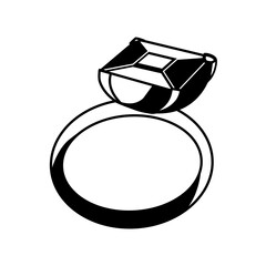 Marriage ring silhouette with big diamond, black outline icon. Cartoon simple doodle ring, wedding brand logo design element.