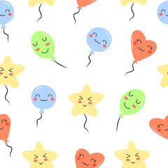 Simple doodle air balloon seamless pattern, icon set isolated on white background. Kawaii cute characters. Heart, star and circle shape. Flat cartoon silhouette. Birthday party greeting card template.