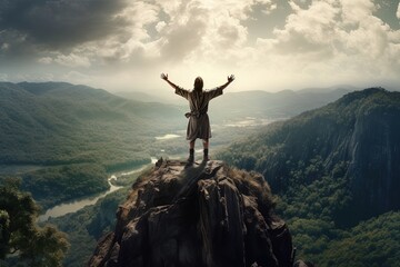 Man with arms raised standing on top of a mountain,The man thank God on the mountain. Generative Ai