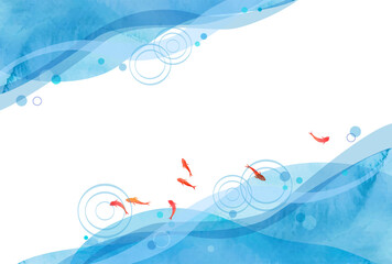 透明水彩タッチの赤い金魚がいる水面の背景素材