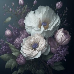 Bouquet of white and purple flowers illustration, generative Ai