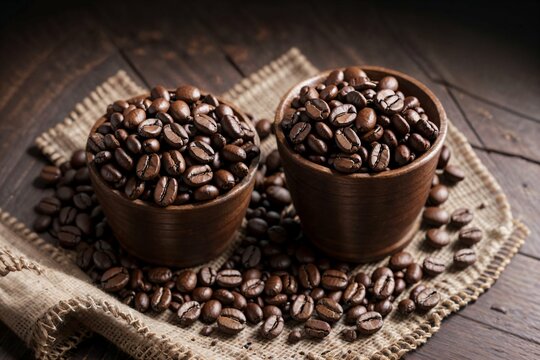coffee beans in a wooden bowl on a dark wooden background.