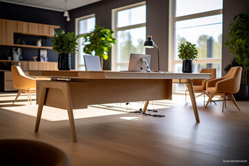Fototapeta premium modern office with wood and wood panels 3d render, in the style of soft-edged, minimalist monochromes