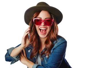 Portrait, fashion and excited woman with sunglasses isolated on a transparent png background. Face, clothes and female person, model or girl from Australia with trendy hat, style and cool clothing.