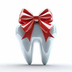 Plakat tooth with red bow in 3d render