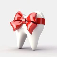 Plakat tooth with red bow in 3d render