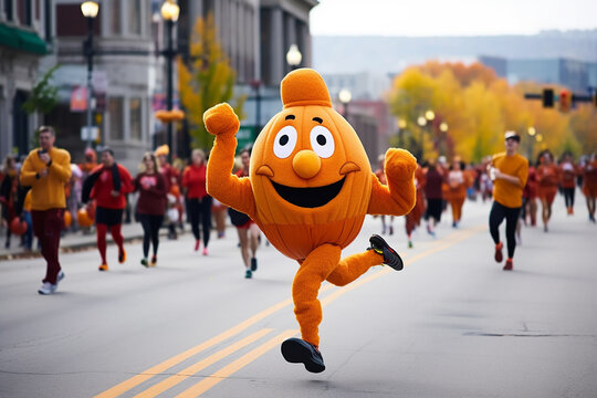Character dressed as a pumpkin runs down the street with a marathon. Generative AI