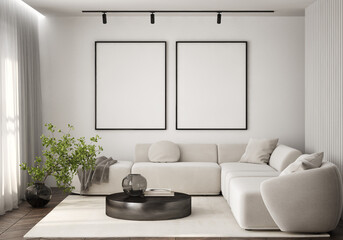 Mockup poster frame on the wall of living room. Luxurious apartment background with contemporary design. Modern interior design. 3D render, 3D illustration