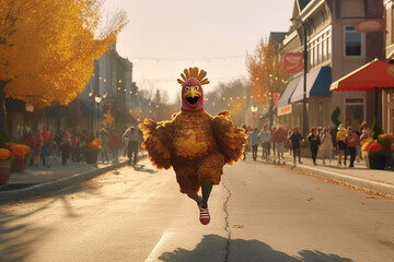 Character dressed as a turkey runs down the street with a marathon. Generative AI