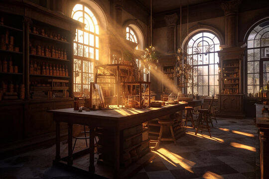 Magic laboratory with objects and experiments with huge windows. Generative AI