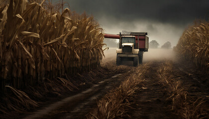 Corn harvester machine harvesting in a maize plantation a cloudy day. Illustration AI