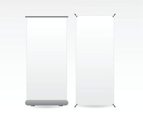 set of realistic trade exhibition banner stand or white blank exhibition kiosk or stand booth corporate commercial.
