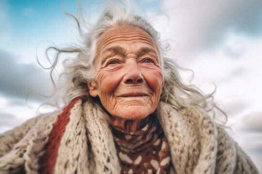 80 Year Old Woman With Long Grey Hair Looking Straight Ahead. Generative AI