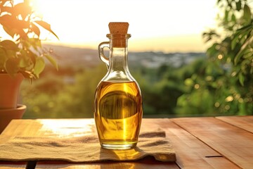 Golden olive oil bottle on a wooden table created using generative AI tools