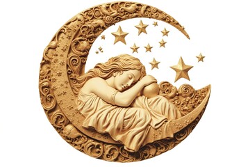 sleep concept. girl sleeping on the moon isolated on white background. Generated by AI.