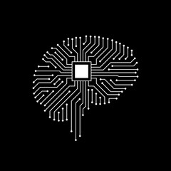 Title: Black and white artificial intelligent symbol of brain circuit board vector icon suitable for AI technology trends, tech in general, crypto mining robot, nft, crypto currency coin and many

